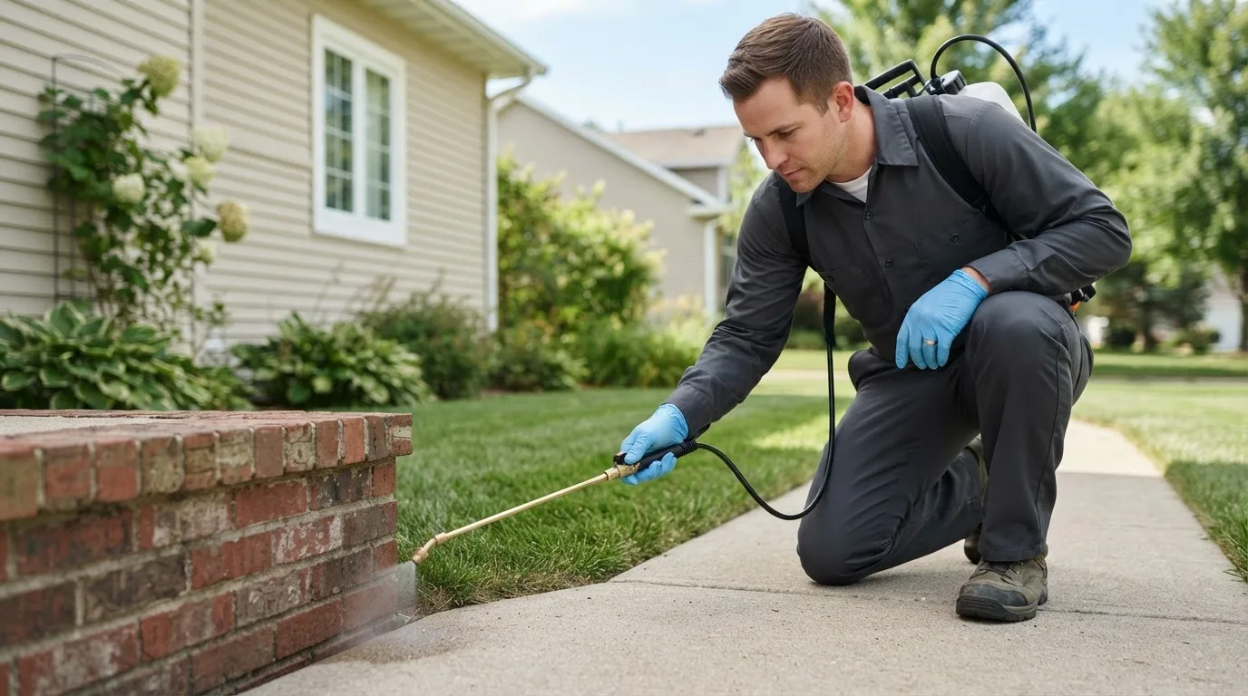 Pest control technician treating a home near Sargeant, MN